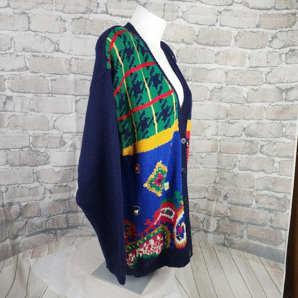 Vintage Chaus Embroidered Preppy  Cardigan Paisley Plaid Cotton Navy Size Large - Picture 5 of 14